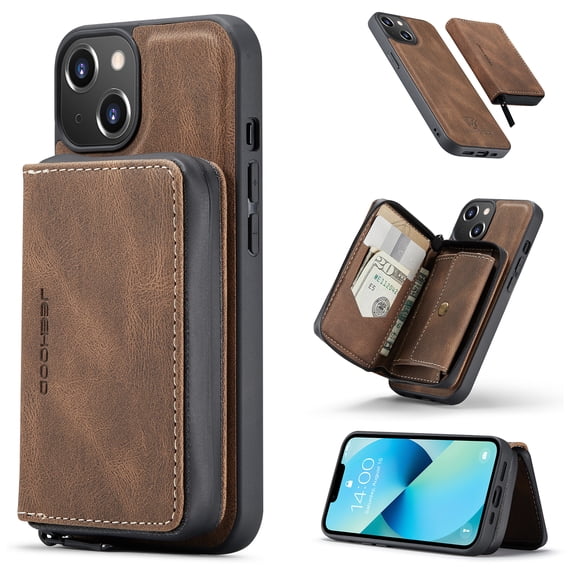 K-Lion Luxury Wallet Case for iPhone 14 PU Leather Purse Case with Detachable Card Slots Zipper Pocket Kickstand Function Shockproof Case Brown,For iPhone 14