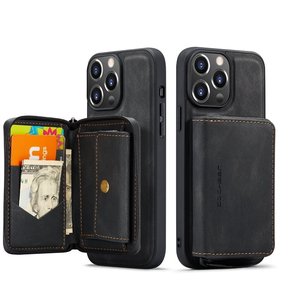 K-Lion Luxury Wallet Case for iPhone 14 Pro PU Leather Purse Case with Detachable Card Slots Zipper Pocket Kickstand Function Shockproof Case Black,For iPhone 14 Pro