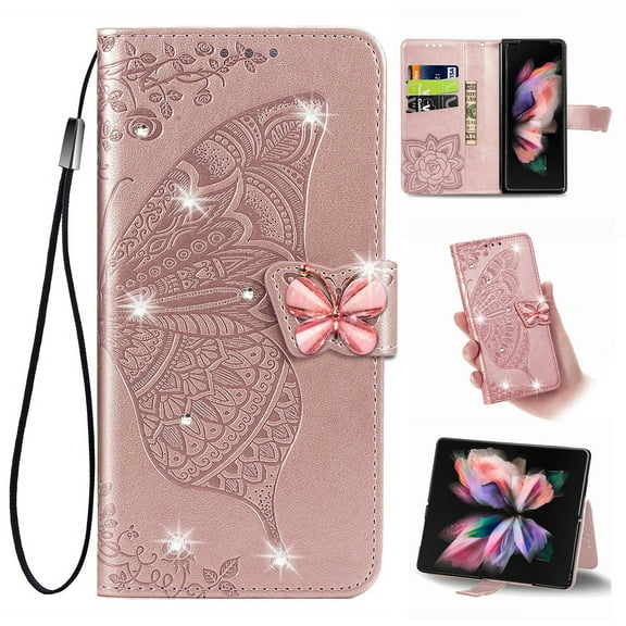 K-Lion for Motorola Moto G Stylus 2023 Folio Flip Case, Luxury Bling Butterfly Embossed PU Leather Wallet Case Stand Card Holder Slots Shockproof Glossy Phone Cover with Wrist Strap ,Rosegold