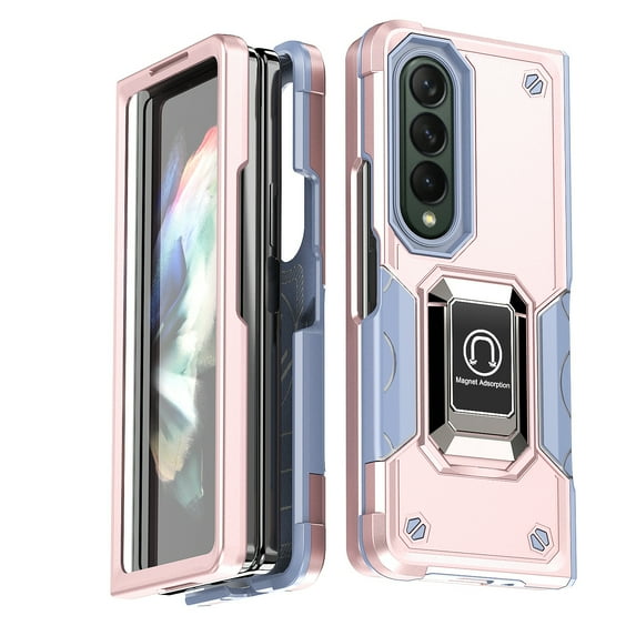 K-Lion Rugged Case for Samsung Galaxy Z Fold 4 Heavy Duty Case with Metal Ring Holder Kickstand Full Body Protection Shockproof Case for Galaxy Z Fold 4 Rosegold