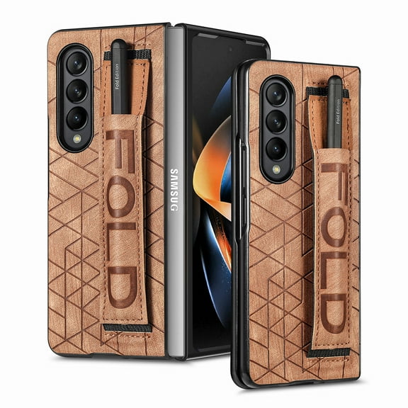 K-Lion Rugged Case for Samsung Galaxy Z Fold 5 5G 2023, Retro Luxury PU Leather Slim Shockproof Protective Case Elastic Finger Wristband & Pen Holder Phone Cover for Samsung Z Fold 5,Brown