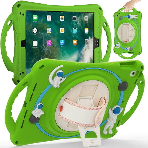 K-Lion Rugged Case for iPad 6th/5th Gen/Pro 9.7" (2018/2017/2016) Kids Case 3D Astronaut Heavy Duty with Kickstand Wristband Rotating Handstrap Handle Grip Shockproof Cover for iPad 9.7",Froggreen