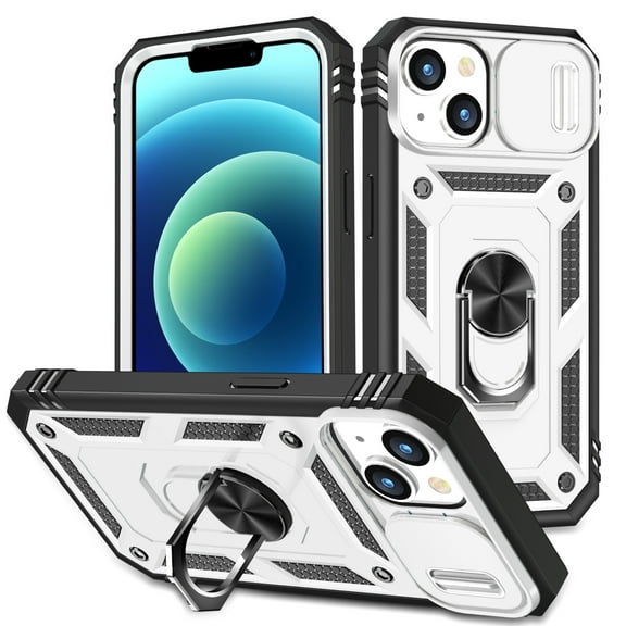 K-Lion Rugged Case for iPhone 15 Plus,Slide Lens Finger Ring Holder Kickstand Shockproof Case Heavy Duty Military Grade Drop Protection Cover Fit Magnetic Car Mount for iPhone 15+ ,White/Black