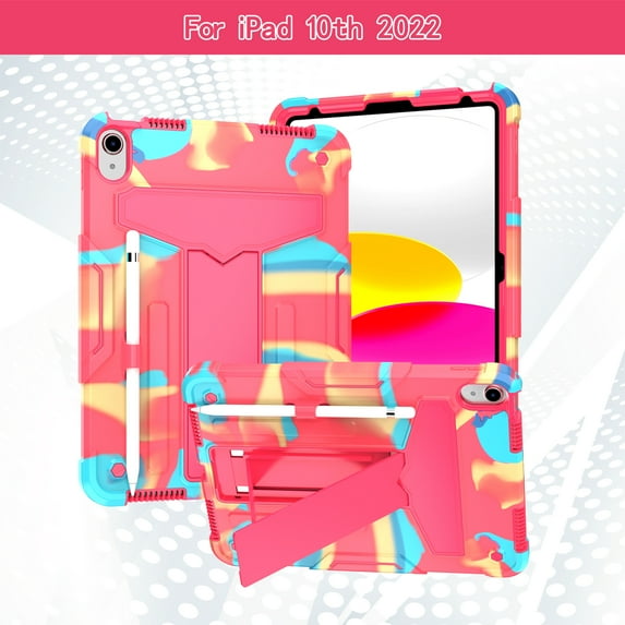 K-Lion Rugged Hybrid Case for iPad 10.9 inch 10th Gen with Built-in Hidden Kickstand Bracket Pencil Holder Full Body Protection for Kids Children Adults Shockproof Case For iPad 10th Gen 10.9" 2022,P