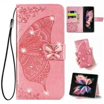 K-Lion for Samsung Galaxy A10e Folio Flip Case, Luxury Bling Butterfly Embossed PU Leather Wallet Case Stand Card Holder Slots Shockproof Glossy Phone Cover with Wrist Strap ,Pink