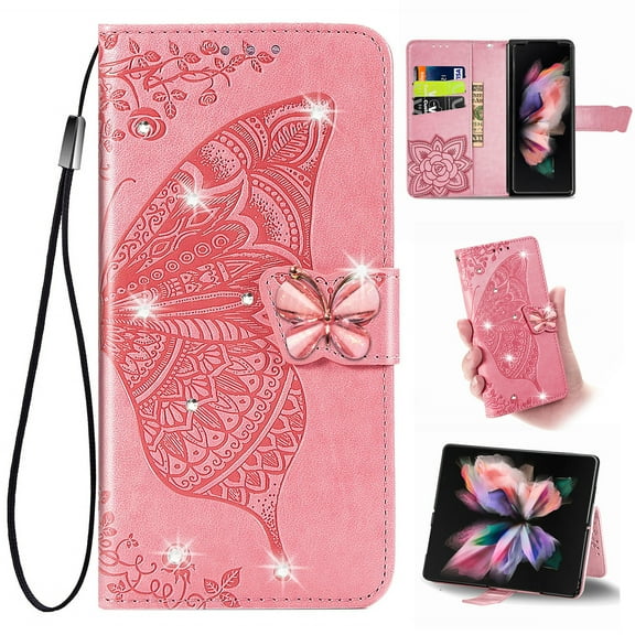 K-Lion for Samsung Galaxy A10e Folio Flip Case, Luxury Bling Butterfly Embossed PU Leather Wallet Case Stand Card Holder Slots Shockproof Glossy Phone Cover with Wrist Strap ,Pink