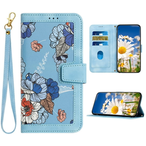 K-Lion for Samsung Galaxy A14 5G Wallet Case, Fashion Flower Floral Pattern Crossbody Strap Wristband Leather Case Luxury Satnd Shockproof Protective Phone Cover for Samsung Galaxy A14 5G ,Blue
