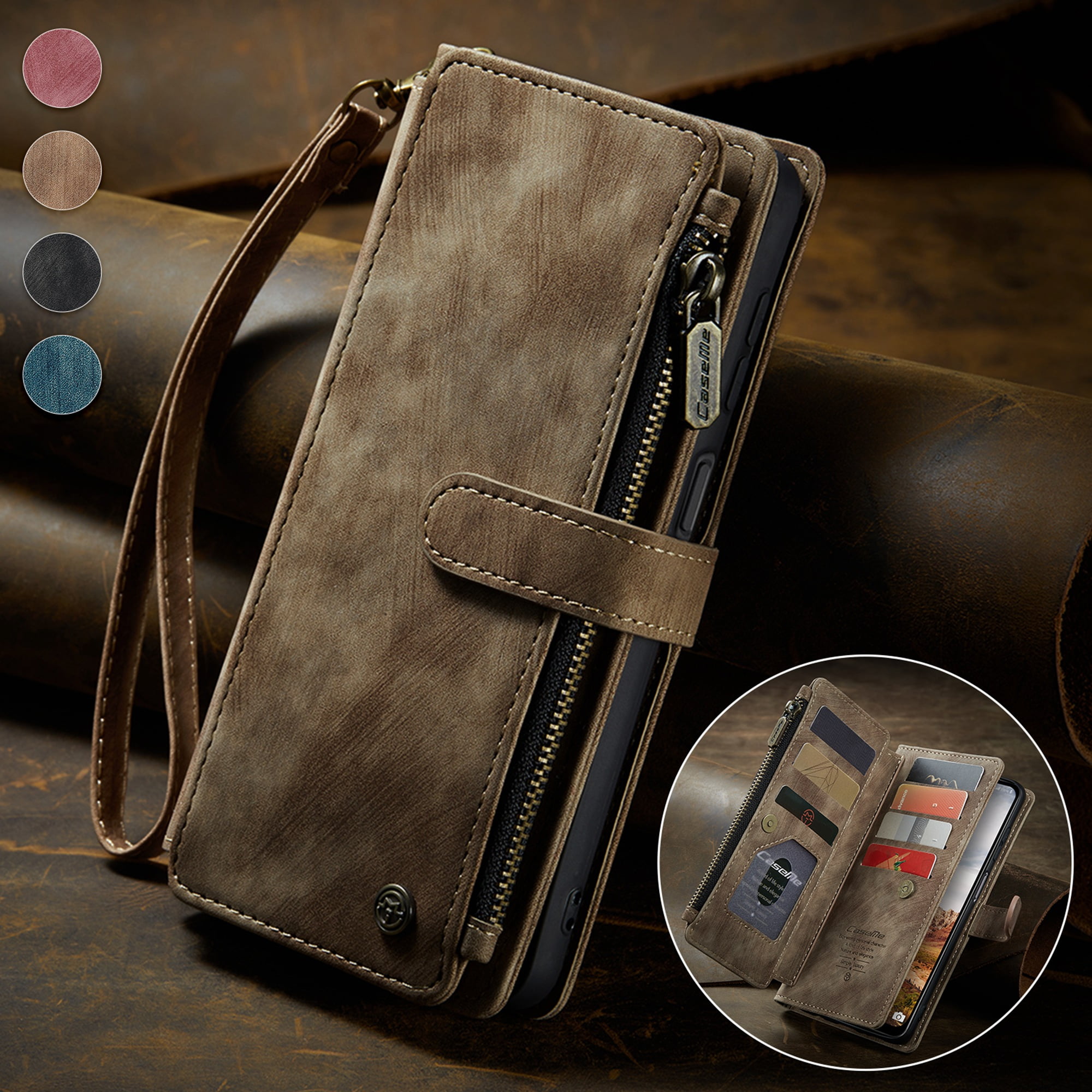 K-Lion for Samsung Galaxy A21 Case, Galaxy A21 Case Wallet for Women Men, Durable PU Leather Magnetic Wallet Flip Lanyard Strap Wristlet Zipper Card Holder Phone Case for Samsung Galaxy A21,Brown