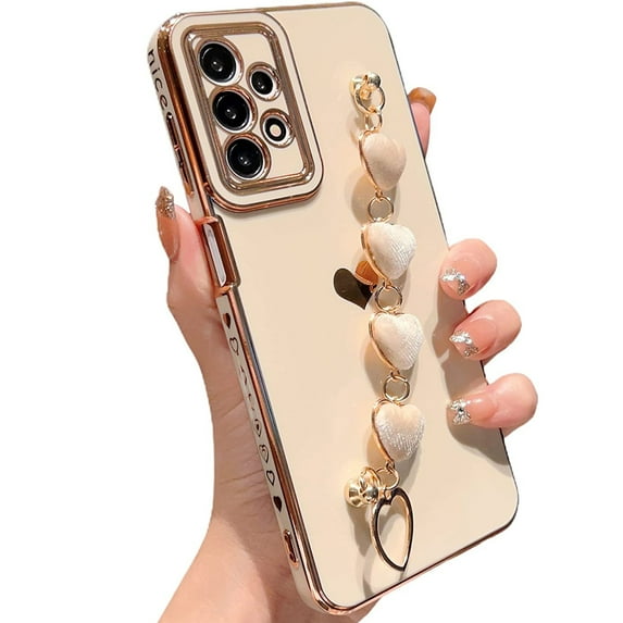 K-Lion for Samsung Galaxy A23 5G Case with Cute Heart Bracelet Strap, Slim Plating Pattren Cover with Hearts Hand Chain for Women Camera Protection Shockproof Bumper for Galaxy A23,White