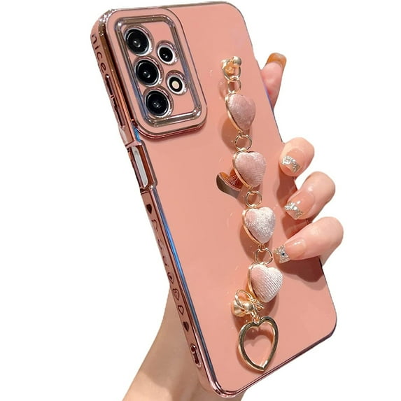 K-Lion for Samsung Galaxy A23 5G Case with Cute Heart Bracelet Strap, Slim Plating Pattren Cover with Hearts Hand Chain for Women Camera Protection Shockproof Bumper for Galaxy A23,Pink