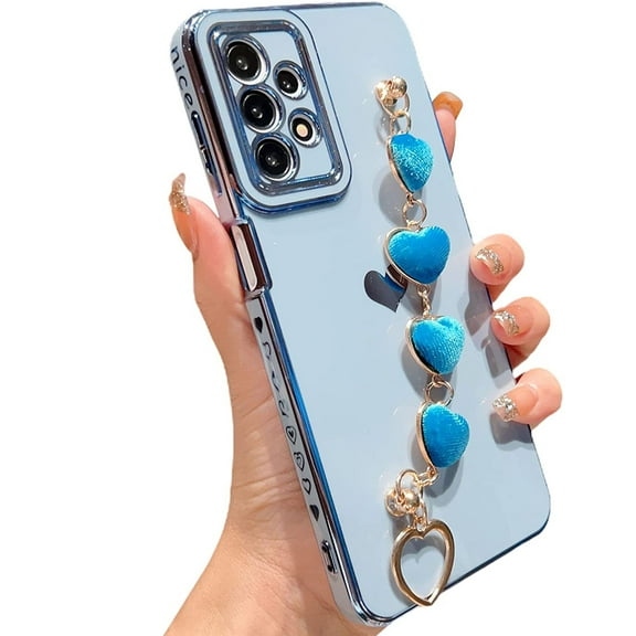 K-Lion for Samsung Galaxy A23 5G Case with Cute Heart Bracelet Strap, Slim Plating Pattren Cover with Hearts Hand Chain for Women Camera Protection Shockproof Bumper for Galaxy A23,Blue
