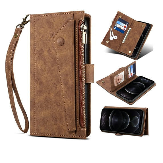 K-Lion for Samsung Galaxy A33 5G Zipper Wallet Case,Luxury Retro Leather Crossbody Pocket Case Card Slots Shockproof Kickstand Phone Cover with Shoulder & Wrist Strap for Women Men,Brown