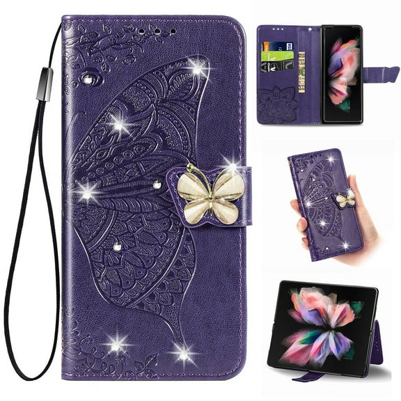 K-Lion for Samsung Galaxy A54 5G Folio Flip Case, Luxury Bling Butterfly Embossed PU Leather Wallet Case Stand Card Holder Slots Shockproof Glossy Phone Cover with Wrist Strap ,Purple