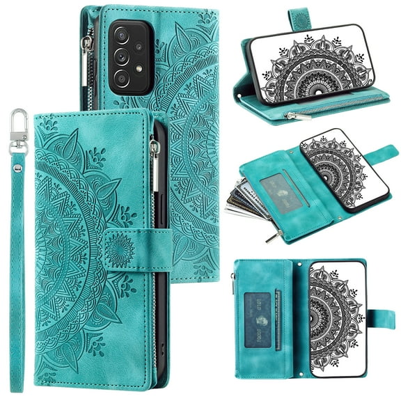 K-Lion for Samsung Galaxy A54 5G Wallet Case, Classical Embossed Pattern PU Leather Soft TPU Card Slots Zipper Pocket Magnetic Closure Lanyard Crossbody Shoulder Strap Kickstand Function Case,Green