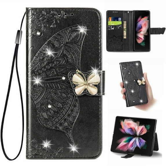 K-Lion for Samsung Galaxy A71 5G Folio Flip Case, Luxury Bling Butterfly Embossed PU Leather Wallet Case Stand Card Holder Slots Shockproof Glossy Phone Cover with Wrist Strap ,Black