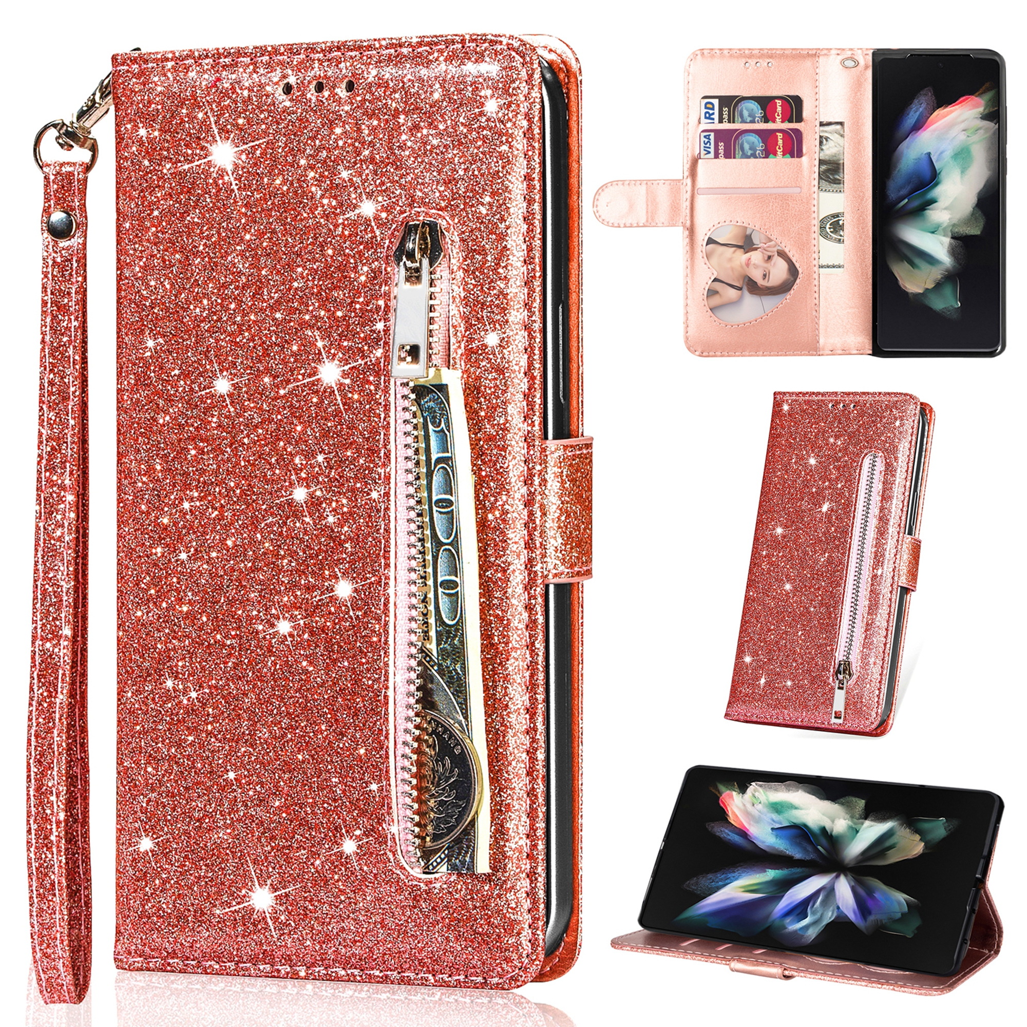 Uposao Cover Per Galaxy Note 10 Pro | Custodia Glitter Con Portafoglio E Supporto | Libro In Pelle Con Calamita | Argento