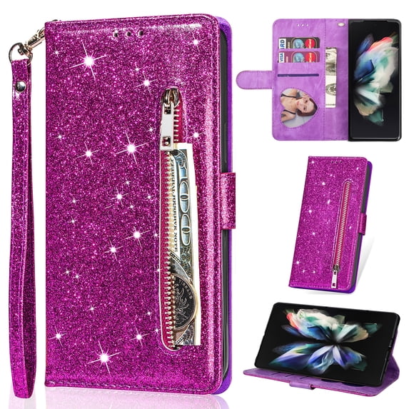 K-Lion for Samsung Galaxy Note 8 Glitter Wallet Case, Bling Sparkly PU Leather Zipper Flip Shockproof Protective Case Card Slots Kickstand Full Phone Cover with Strap for Women Girls,Purple