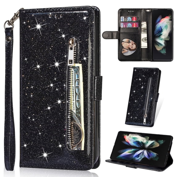 K-Lion for Samsung Galaxy Note 9 Glitter Wallet Case, Bling Sparkly PU Leather Zipper Flip Shockproof Protective Case Card Slots Kickstand Full Phone Cover with Strap for Women Girls,Black