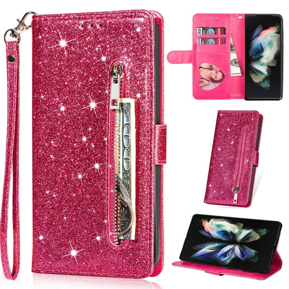 K-Lion for Samsung Galaxy S10 5G Glitter Wallet Case, Bling Sparkly PU Leather Zipper Flip Shockproof Protective Case Card Slots Kickstand Full Phone Cover with Strap for Women Girls,Rose