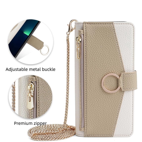 K-Lion for Samsung Galaxy S10E Zipper Wallet Case, Premium PU Leather Card Holder Cash Slot Flip Case Ring Buckle Crossbody Strap Phone Cover with Makeup Mirror for Women Girls ,White