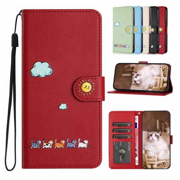 K-Lion for Samsung Galaxy S21+ Flip Folio Case,Cute Cartoon Cat Pattern PU Leather Card Slots Wallet Case Kickstand Shockproof Full Body Protective Case Cover for Samsung Galaxy S21+,Red