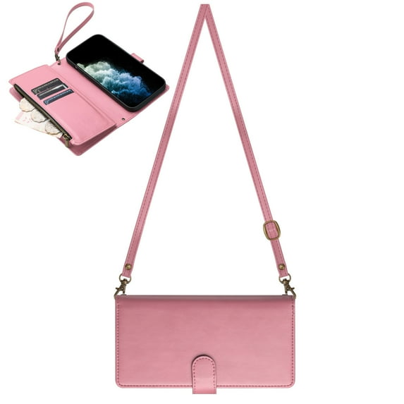 Dteck Crossbody Wallet Case for Samsung Galaxy S21 Ultra, PU Lether Zipper Handbag Purse Flip Cover, Kickstand Folio Case with 9 Card Slots Wrist Strap Lanyard for Women Men,Pink