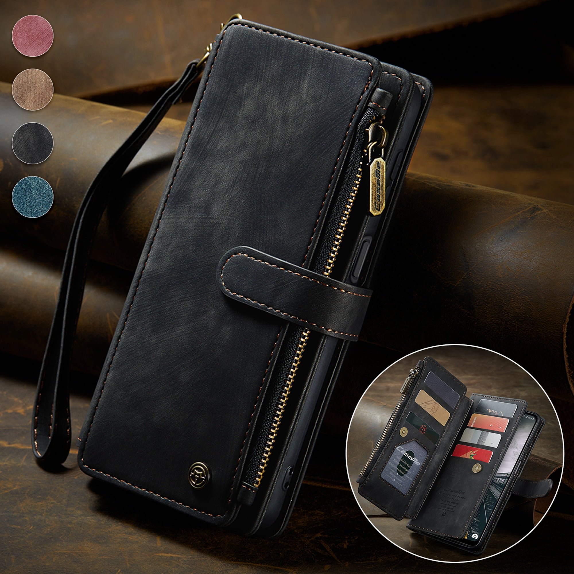 K-Lion for Samsung Galaxy S22 Case, Galaxy S22 Case Wallet for Women Men, Durable PU Leather Magnetic Wallet Flip Lanyard Strap Wristlet Zipper Card Holder Phone Case for Samsung S22,Black