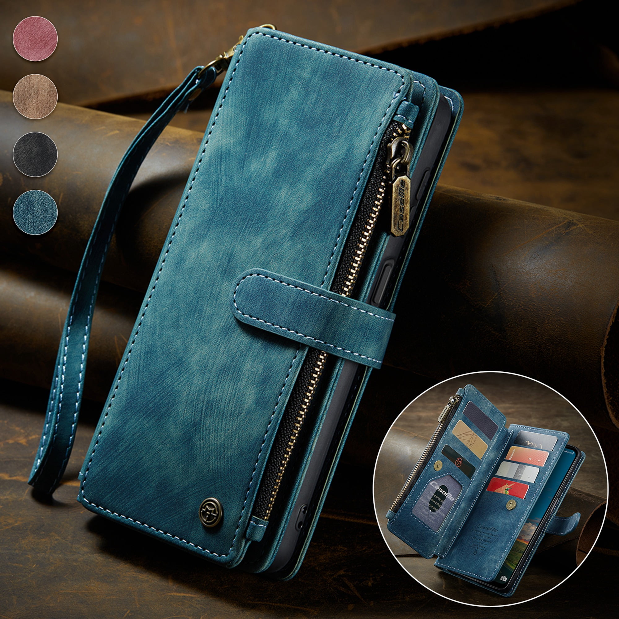 K-Lion for Samsung Galaxy S22 Case, Galaxy S22 Case Wallet for Women Men, Durable PU Leather Magnetic Wallet Flip Lanyard Strap Wristlet Zipper Card Holder Phone Case for Samsung S22,Blue