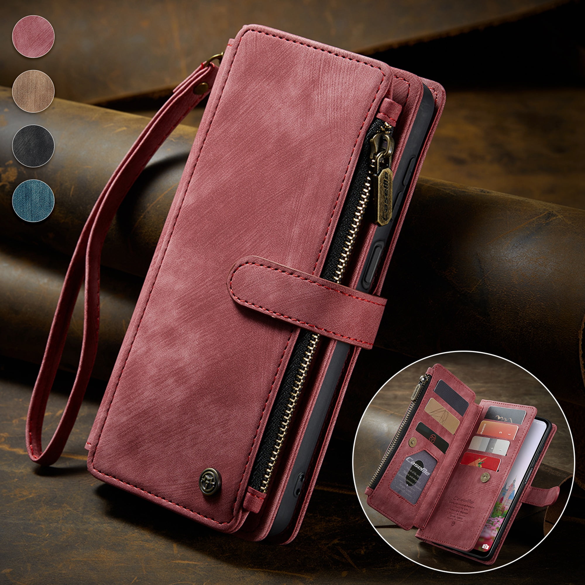 K-Lion for Samsung Galaxy S22 Case, Galaxy S22 Case Wallet for Women Men, Durable PU Leather Magnetic Wallet Flip Lanyard Strap Wristlet Zipper Card Holder Phone Case for Samsung S22,Red