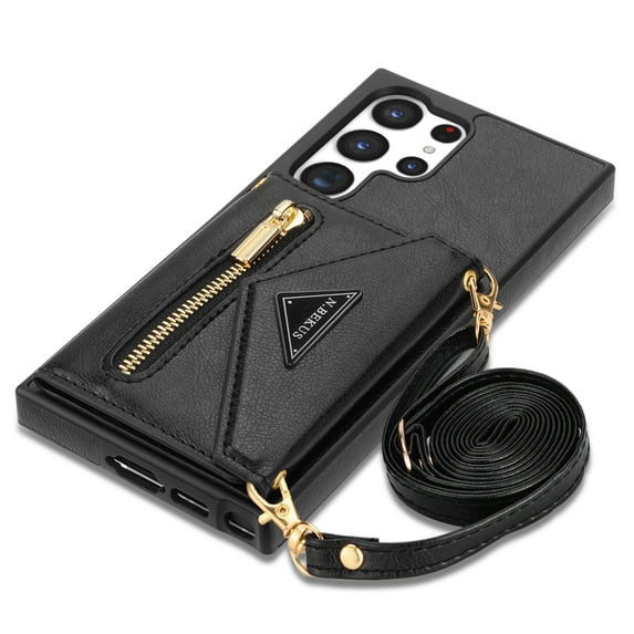 K-Lion for Samsung Galaxy S22 Ultra Leather Wallet Case, Zipper Pocket Card Slots Kickstand Function Adjustable Crossbody Shoulder Strap Shockproof Purse Phone Case for Samsung Galaxy S22 Ultra,Black