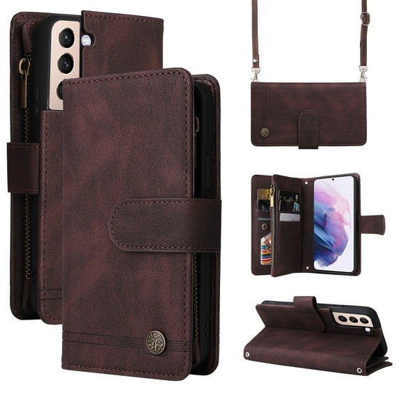K-Lion for Samsung Galaxy S23 Plus 6.6 inch Wallet Case, Premium PU Leather Wrist Strap Crossbody Shoulder Strap Zipper Cash Pocket Card Slots Magnetic Clasp Kickstand Case for Women Men,Brown