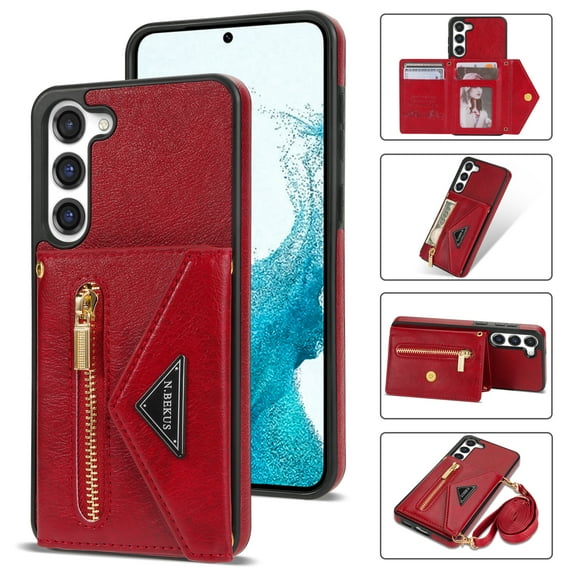 K-Lion for Samsung Galaxy S23 Plus/S23+ Crossbody Leather Wallet Case,with Card Holders Zipper Pocket Kickstand Function Adjustable Shoulder Strap Shockproof Fashion Purse Case, Red