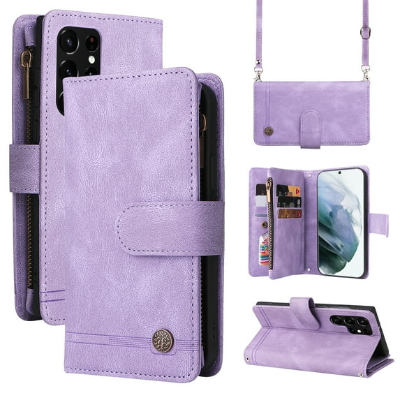 K-Lion for Samsung Galaxy S23 Ultra 6.8 inch Wallet Case, Premium PU Leather Wrist Strap Crossbody Shoulder Strap Zipper Cash Pocket Card Slots Magnetic Clasp Kickstand Case for Women Men,Purple
