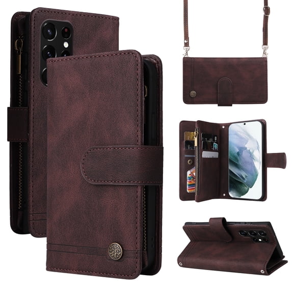 K-Lion for Samsung Galaxy S23 Ultra 6.8 inch Wallet Case, Premium PU Leather Wrist Strap Crossbody Shoulder Strap Zipper Cash Pocket Card Slots Magnetic Clasp Kickstand Case for Women Men,Brown