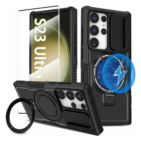 K-Lion for Samsung Galaxy S24 Ultra Case with Screen Protector,Heavy Duty Shockproof Magnetic Ring Holder Kickstand Rugged Case Frosted Military Grade Protective Cover for Galaxy S24 Ultra,Black