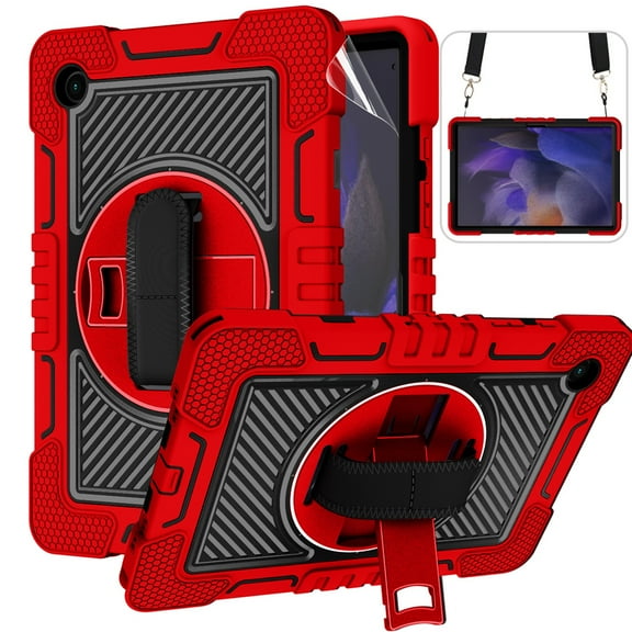 K-Lion for Samsung Galaxy Tab A8 Case (Model:SM-X200/X205/X207), Heavy Duty Rugged Shockproof Protective Case with Soft Screen Protector Film + Kickstand + Shoulder & Hand Strap ,Red+Black