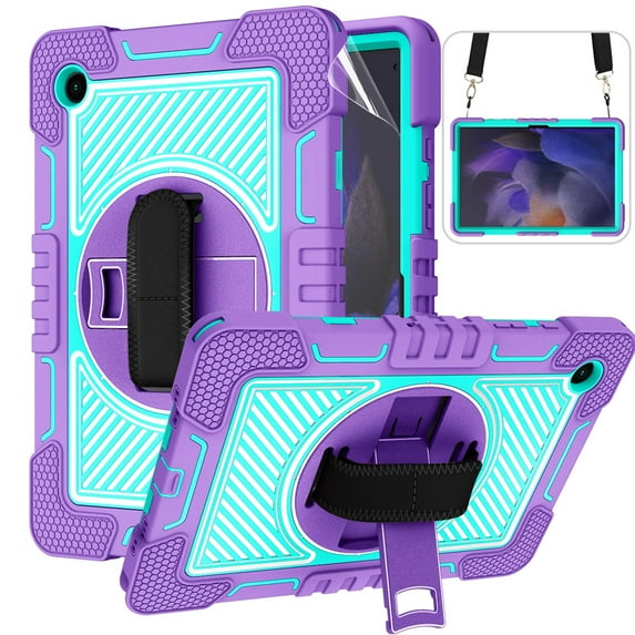 K-Lion for Samsung Galaxy Tab A8 Case (Model:SM-X200/X205/X207), Heavy Duty Rugged Shockproof Protective Case with Soft Screen Protector Film + Kickstand + Shoulder & Hand Strap ,Purple+Mint