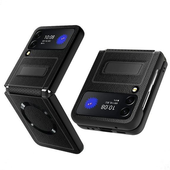 K-Lion for Samsung Galaxy Z Flip 3 5G Slim Case, Luxury PU Leather + Hard PC + Soft TPU Invisible Kickstand Hinge Protection Magnetic Wireless Charging Compatible Magsafe Case for ZFlip 3, Black