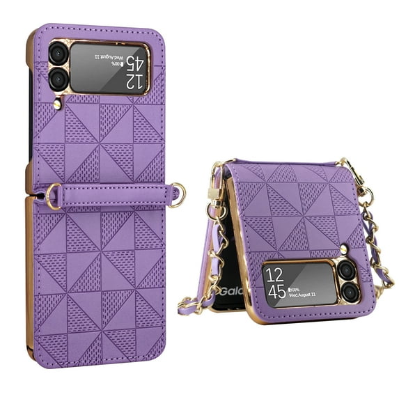 K-Lion for Samsung Galaxy Z Flip 3 6.7 Inch Slim Fit Case, Premium PU Leather + Plating Frame Wallet Case with Crossbody Strap for Women Girls Shockproof Full Protection, Purple