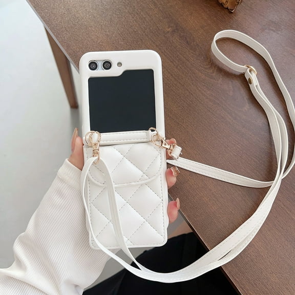 K-Lion for Samsung Galaxy Z Flip 5 Wallet Case, Premium Argyle Pattern Leather Shockproof Case Sim Lightweight Fashion Phone Cover with Strap for Samsung Galaxy Z Flip 5, White