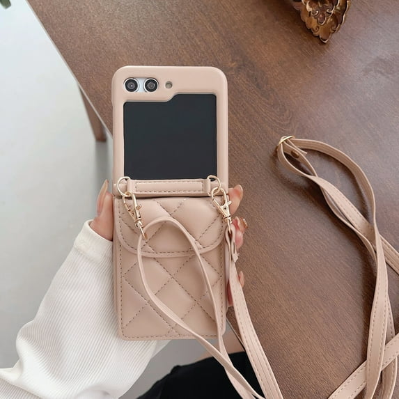 K-Lion for Samsung Galaxy Z Flip 5 Wallet Case, Premium Argyle Pattern Leather Shockproof Case Sim Lightweight Fashion Phone Cover with Strap for Samsung Galaxy Z Flip 5, Beige