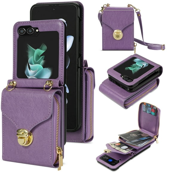 K-Lion for Samsung Galaxy Z Flip 5 Wallet Case,Shockproof Full Body Protection Card Slots Case Shoulder Strap Premium Leather Texture Case Cover for Samsung Galaxy Z Flip5 (2023),Purple