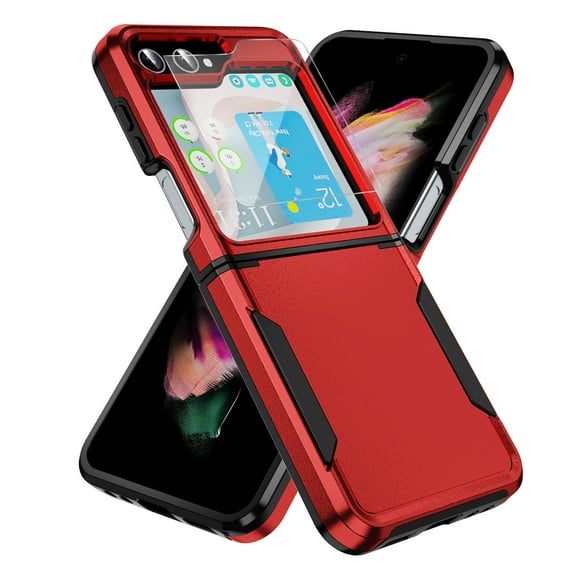 K-Lion for Samsung Galaxy Z Flip5 Rugged Case,Built-in Retractable Sliding Hinge Protection Shockproof Anti-Scratch Case, + 1 Pack Small Screen Protector for Galaxy Z Flip5 2023,Red Black