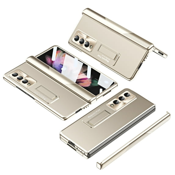 K-Lion for Samsung Galaxy Z Fold 3 5G 7.6 inch Case, Tempered Glass Screen Protector Camera Lens Flim Hidden Kickstand Hinge Protection Shockproof Rugged Case for Samsung Galaxy Z Fold 3, Gold