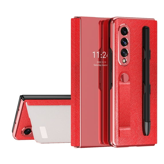 K-Lion for Samsung Galaxy Z Fold 3 7.6 Inch Hybrid Case, Luxury PU Leather Plating Mirror PC S Pen Holder Slot Hand Strap Stand Function Cover Shockproof Protective Folio Case, Red