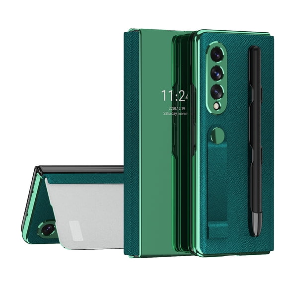 K-Lion for Samsung Galaxy Z Fold 3 7.6 Inch Hybrid Case, Luxury PU Leather Plating Mirror PC S Pen Holder Slot Hand Strap Stand Function Cover Shockproof Protective Folio Case, Green