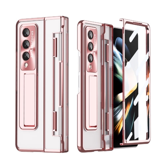 K-Lion for Samsung Galaxy Z Fold 3 Leveling Hinge Folding Case, HD Transparent Plating Frame Wireless Charging Hidden Kickstand 360° Full Protection Anti-Drop Shockproof Case for ZFold 3,Rosegold