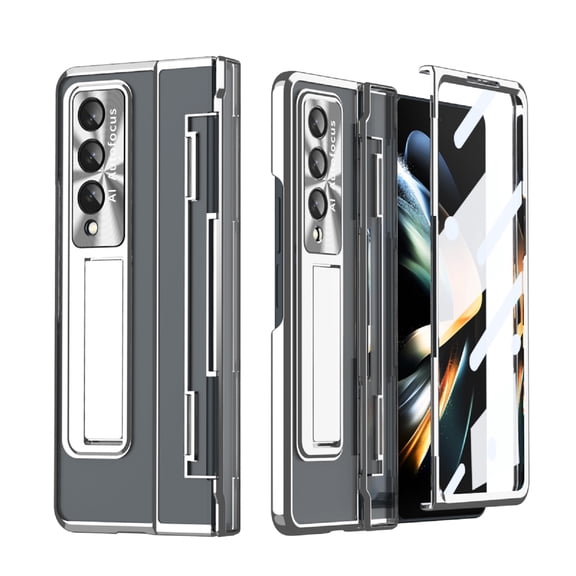 K-Lion for Samsung Galaxy Z Fold 3 Leveling Hinge Folding Case, HD Transparent Plating Frame Wireless Charging Hidden Kickstand 360° Full Protection Anti-Drop Shockproof Case for ZFold 3 7.6",Silver