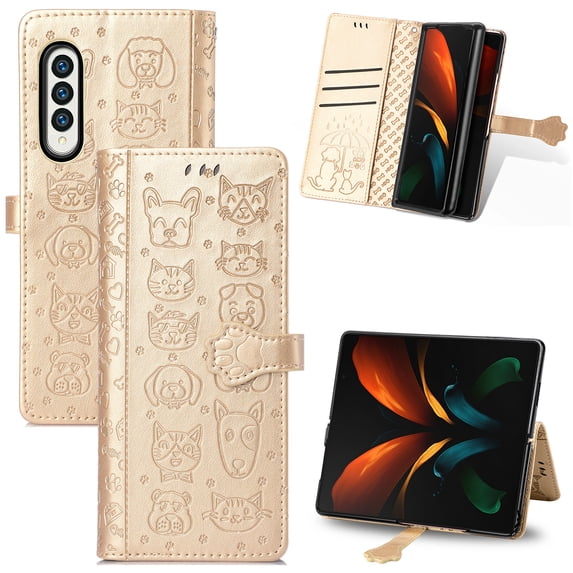 K-Lion for Samsung Galaxy Z Fold 4 2022 Case Embossed Cute Pattern Wallet Flip PU Leather Magnetic Card Slots with Stand Cover for Samsung Galaxy Z Fold 4, Gold