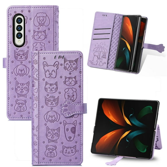 K-Lion for Samsung Galaxy Z Fold 4 2022 Case Embossed Cute Pattern Wallet Flip PU Leather Magnetic Card Slots with Stand Cover for Samsung Galaxy Z Fold 4, Purple